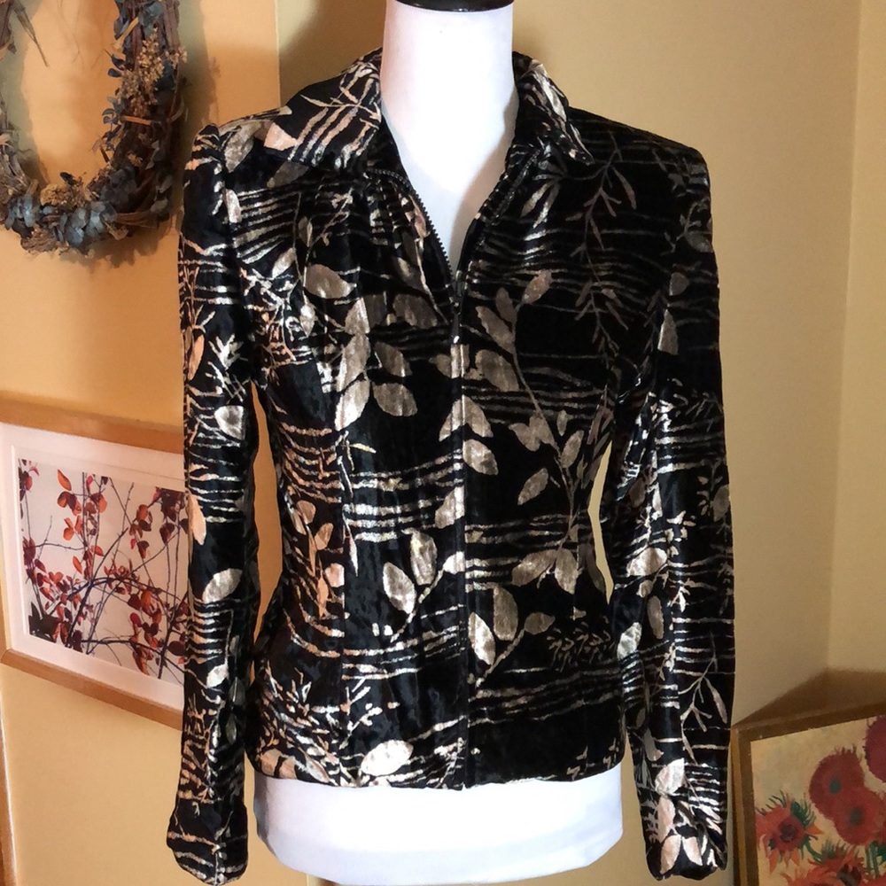 Vintage CACHE Size:4 Velvet Zip Front Blazer Floral Graphic Floral ShoulderPad